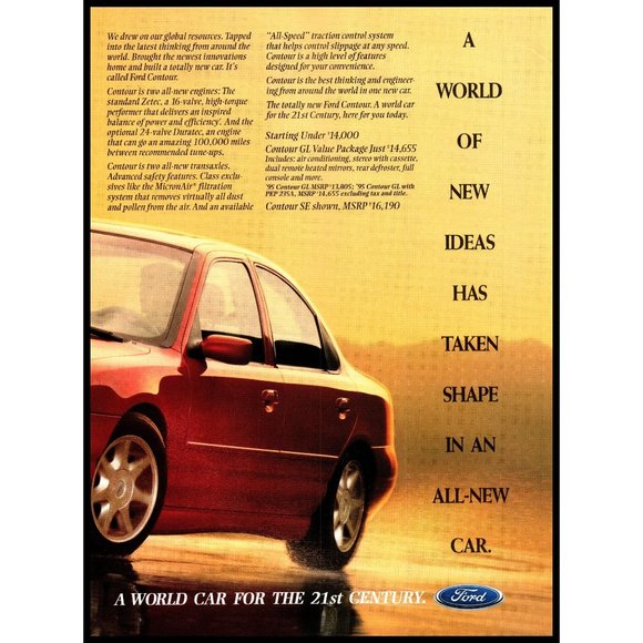 1995 Ford Contour 4 Door Sedan 2 Page Vintage Print Ad World Globe Map Wall Art - Picture 3 of 3